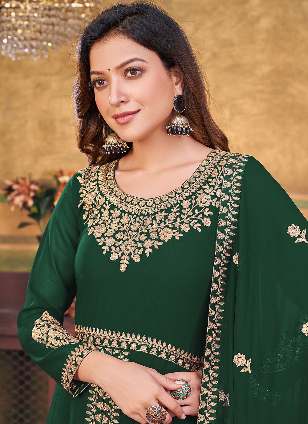 Salwar Suit Faux Georgette Green Embroidered Salwar Kameez