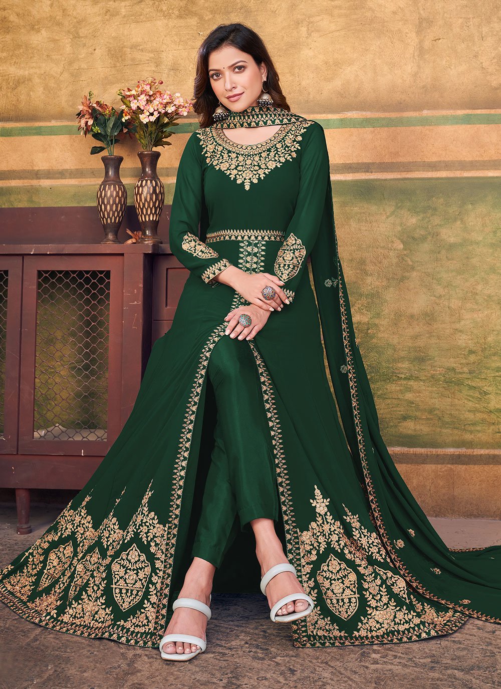 Salwar Suit Faux Georgette Green Embroidered Salwar Kameez