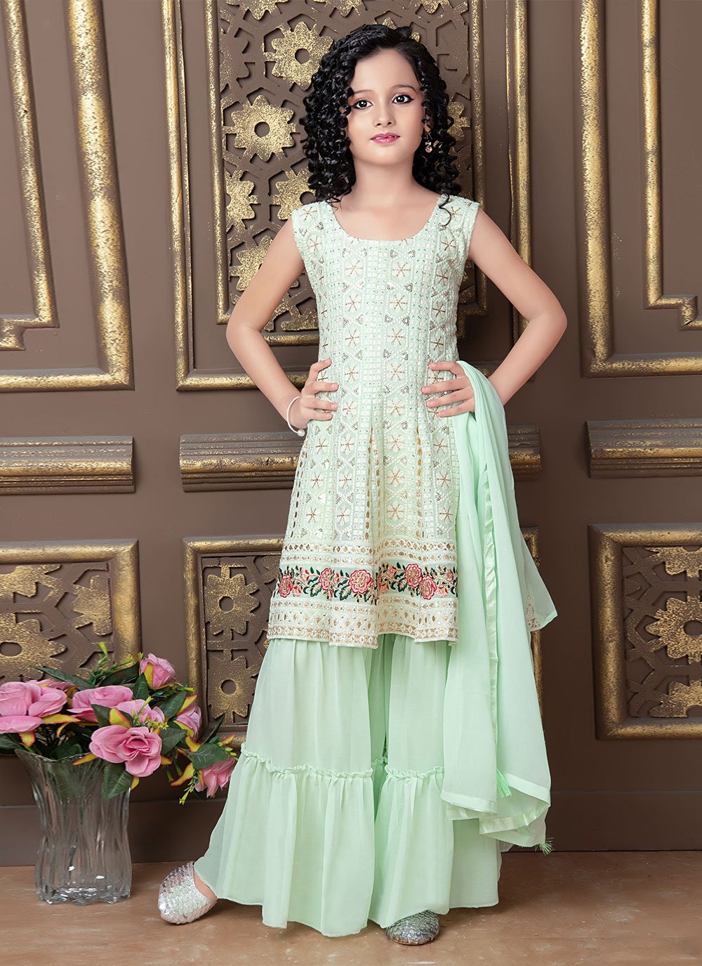 Salwar Suit Faux Georgette Green Embroidered Kids