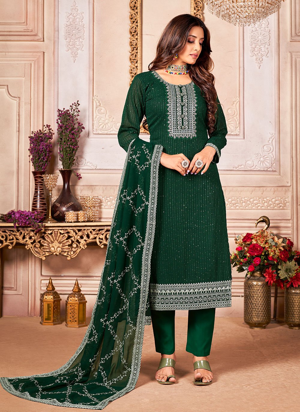 Salwar Suit Faux Georgette Green Embroidered Salwar Kameez Kajols Indian Pakistani Fashion Tailoring