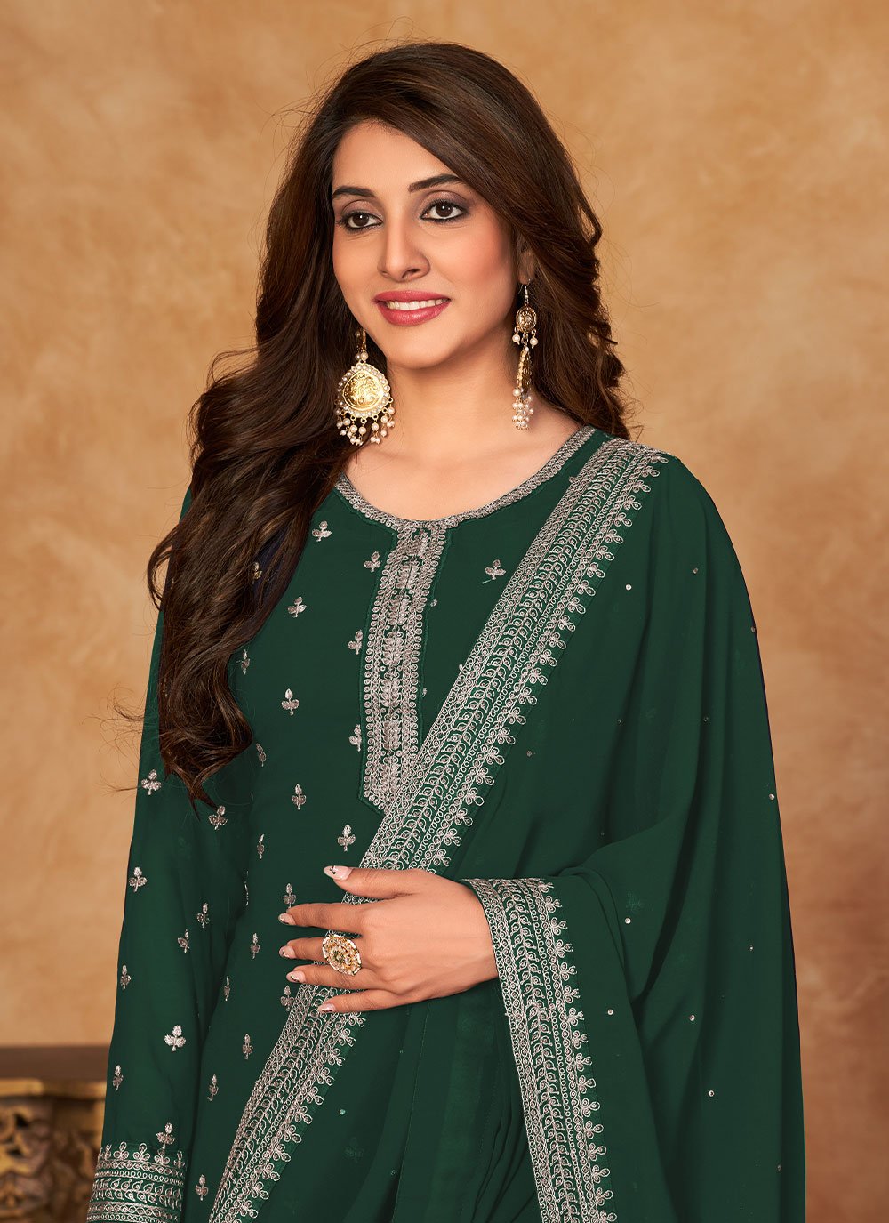 Floor Lenght Salwar Suit Faux Georgette Green Embroidered Salwar Kameez