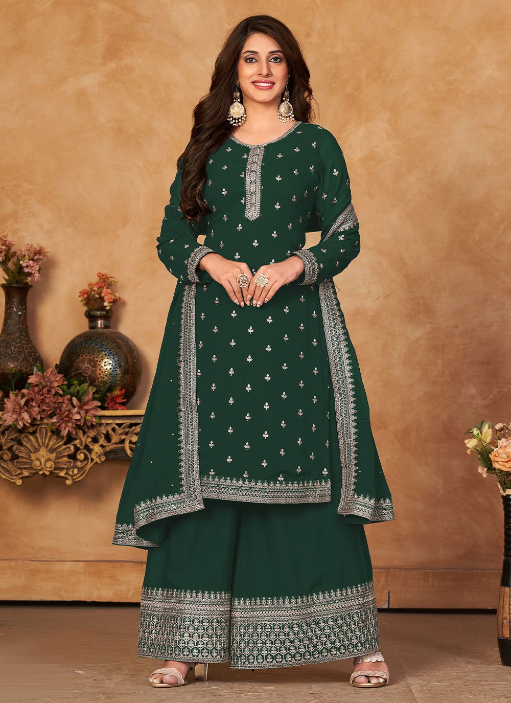 Floor Lenght Salwar Suit Faux Georgette Green Embroidered Salwar Kameez