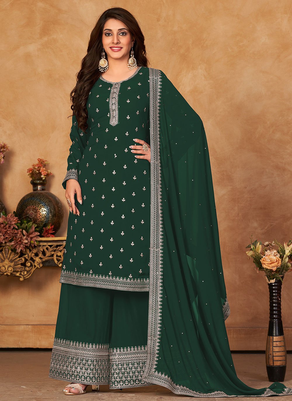 Floor Lenght Salwar Suit Faux Georgette Green Embroidered Salwar Kameez