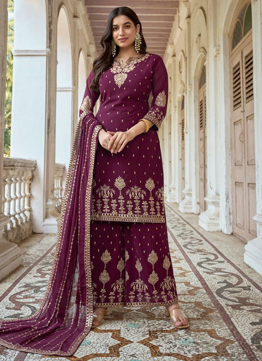 Salwar Suit Faux Georgette Magenta Embroidered Salwar Kameez