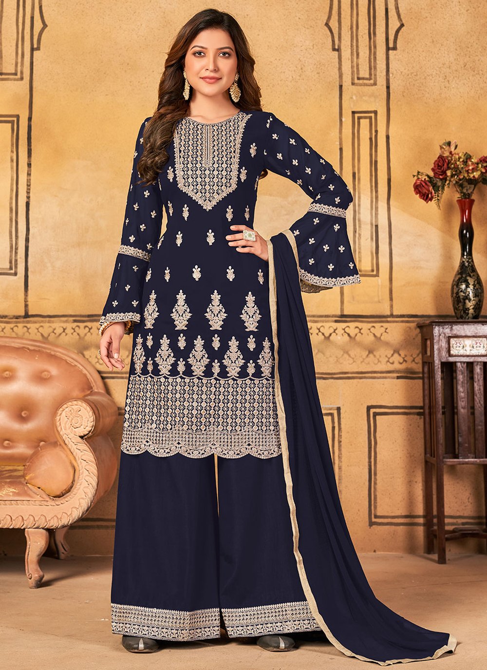 Salwar Suit Faux Georgette Blue Embroidered Salwar Kameez