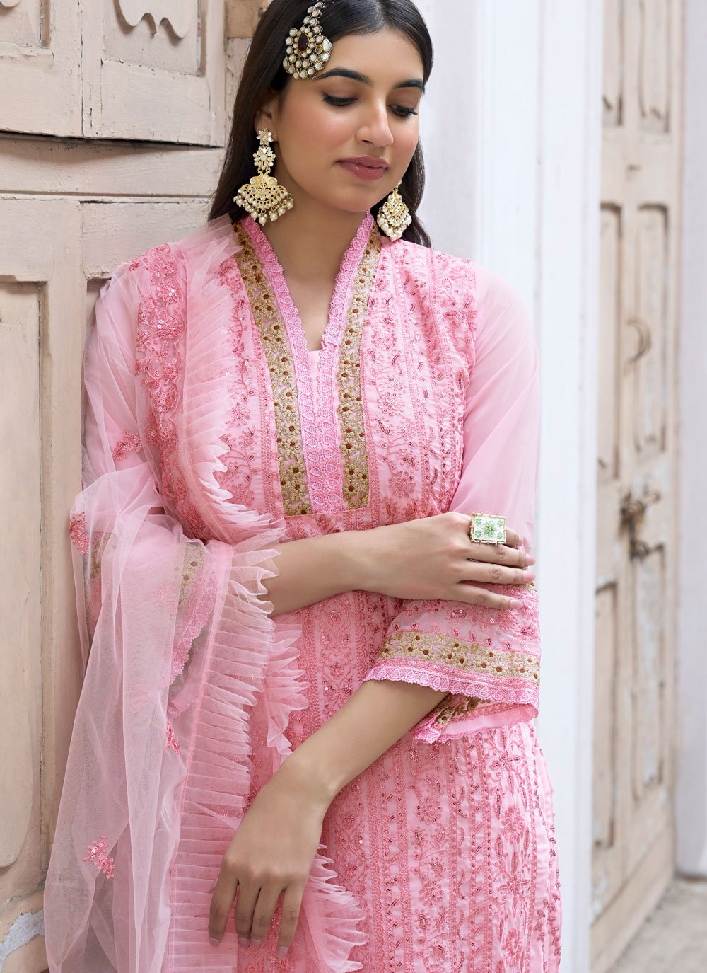 Pant Style Suit Faux Georgette Pink Embroidered Salwar Kameez