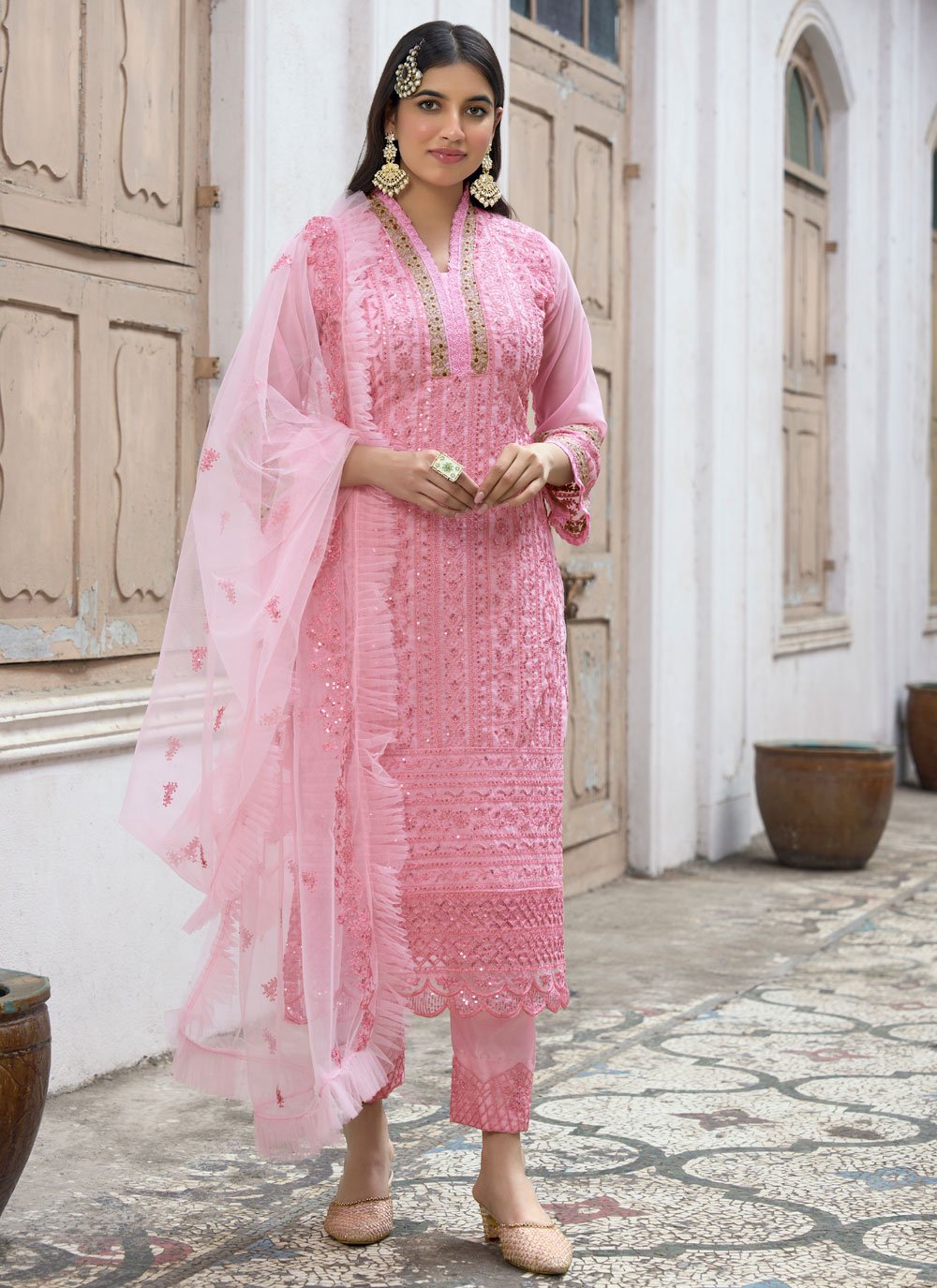 Pant Style Suit Faux Georgette Pink Embroidered Salwar Kameez