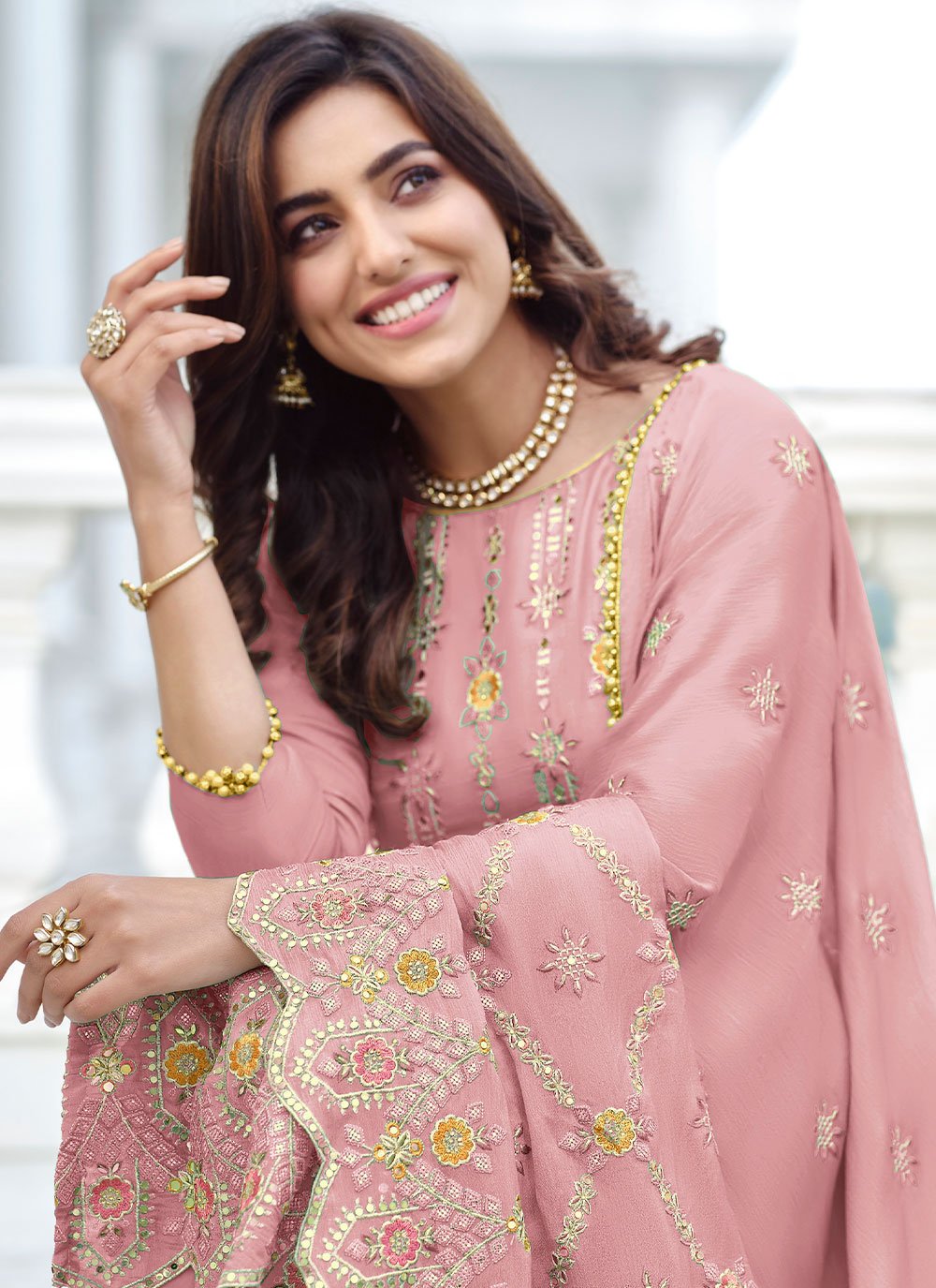 Salwar Suit Faux Georgette Pink Embroidered Salwar Kameez