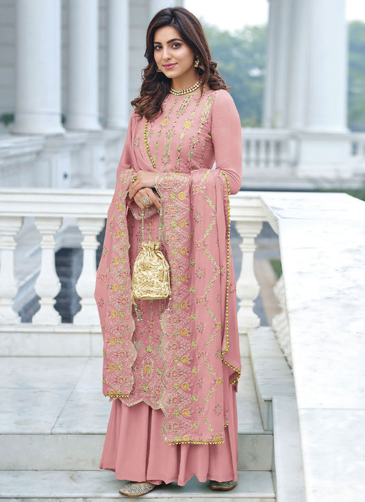 Salwar Suit Faux Georgette Pink Embroidered Salwar Kameez