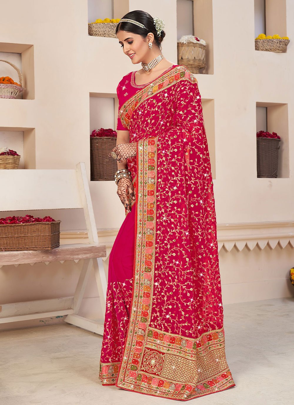 Trendy Saree Faux Georgette Pink Embroidered Saree