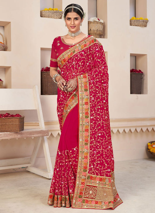 Trendy Saree Faux Georgette Pink Embroidered Saree