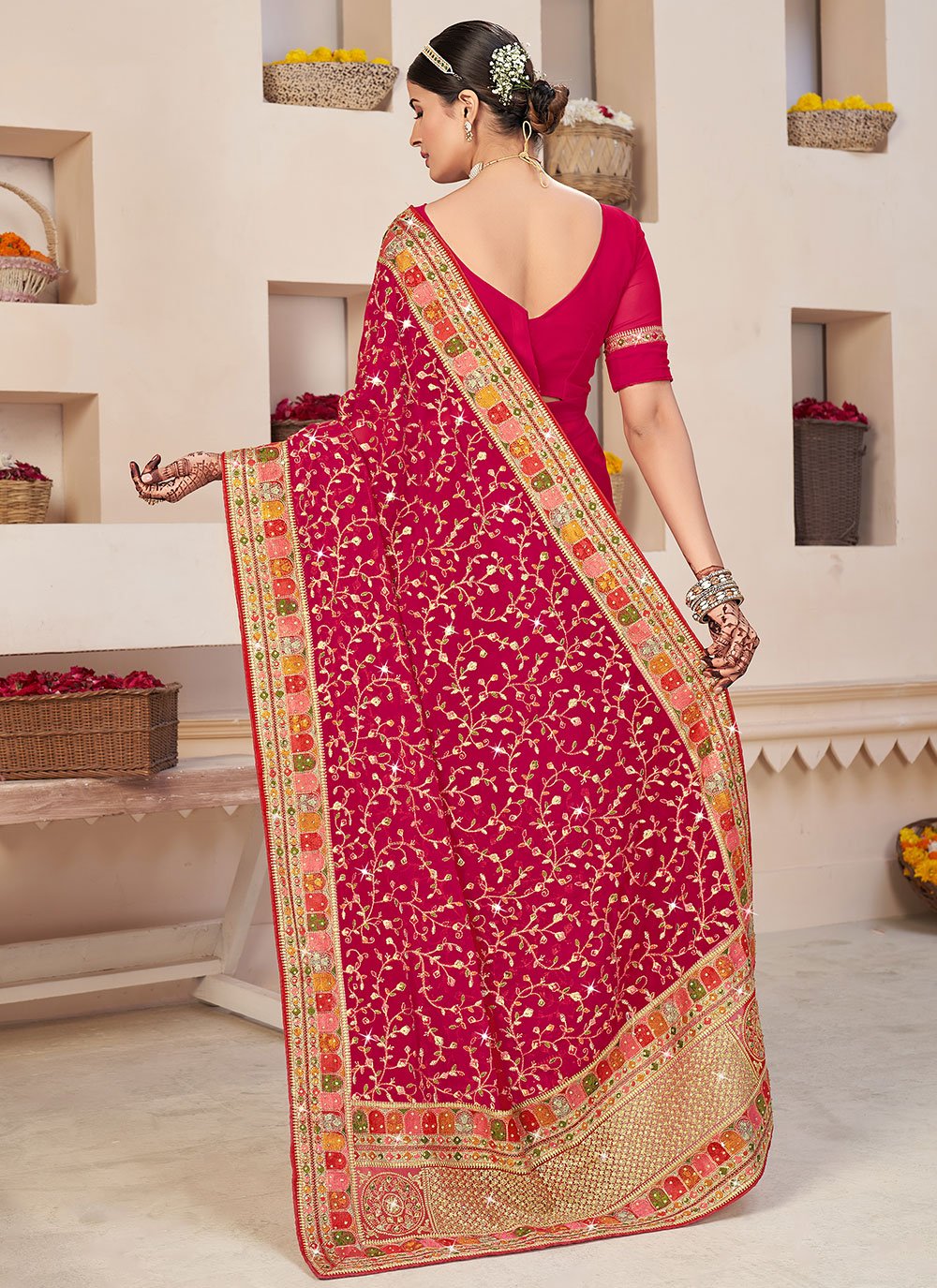 Trendy Saree Faux Georgette Pink Embroidered Saree