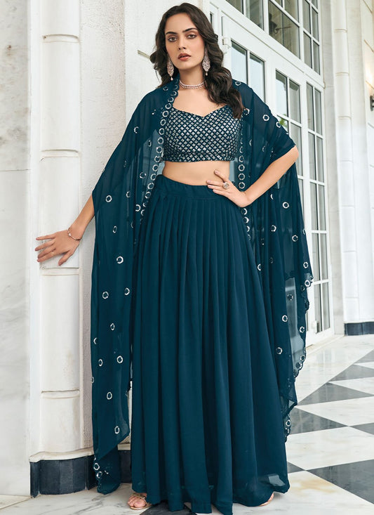 Readymade Lehenga Choli Faux Georgette Teal Embroidered Lehenga Choli