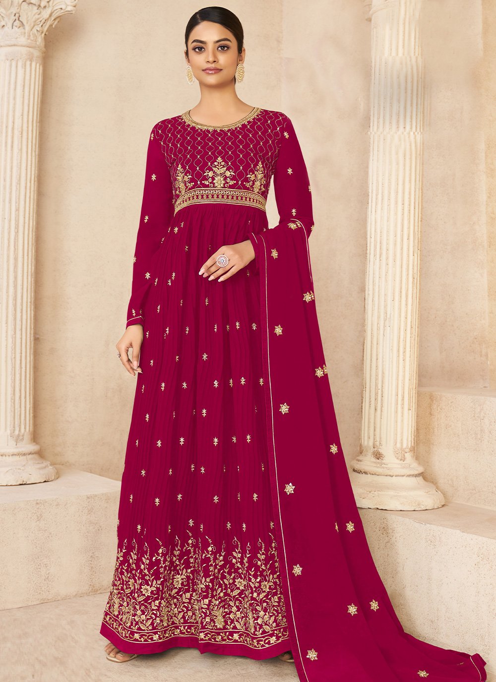 Salwar Suit Faux Georgette Hot Pink Embroidered Salwar Kameez