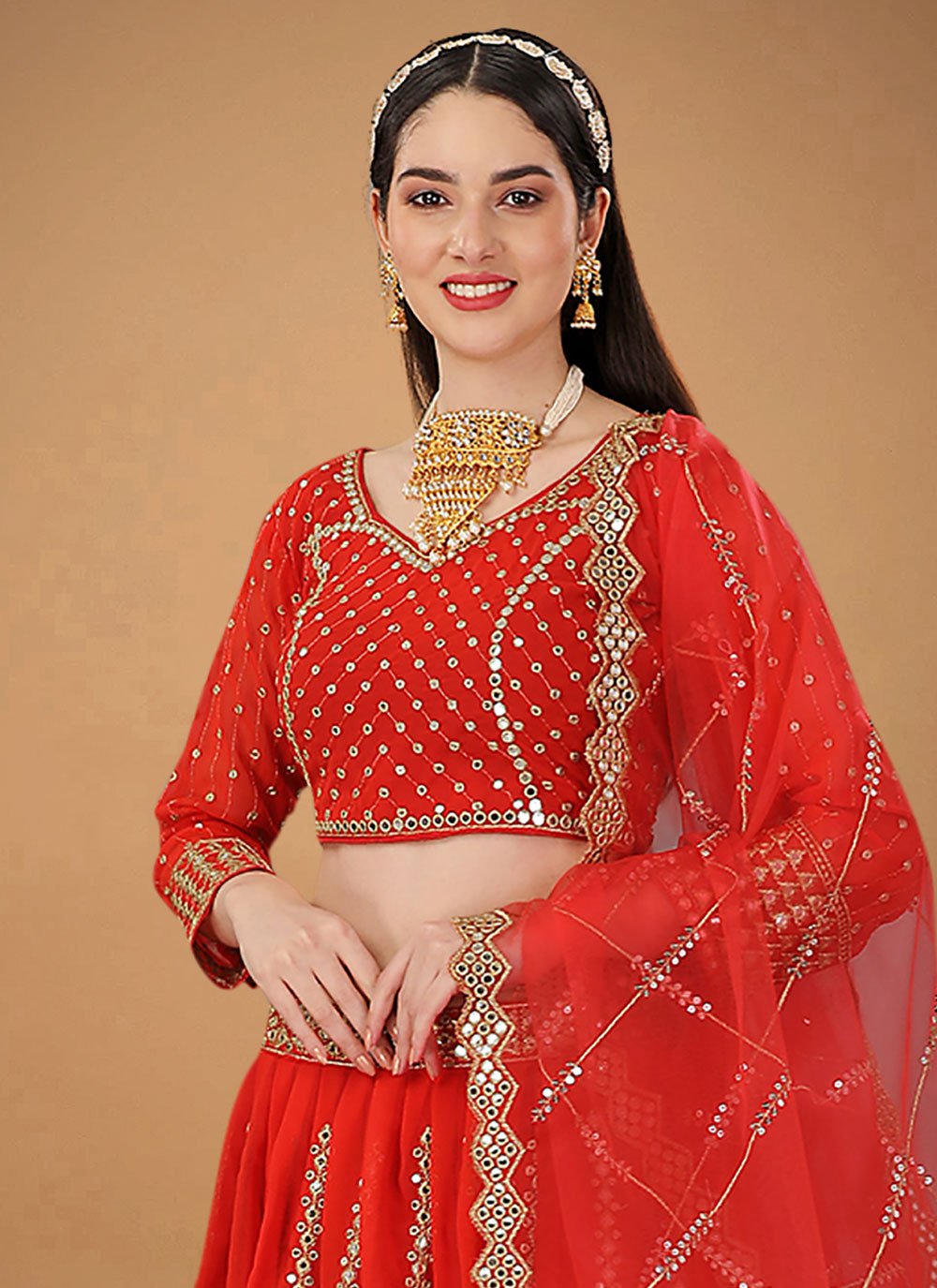 A Line Lehenga Faux Georgette Red Embroidered Lehenga Choli