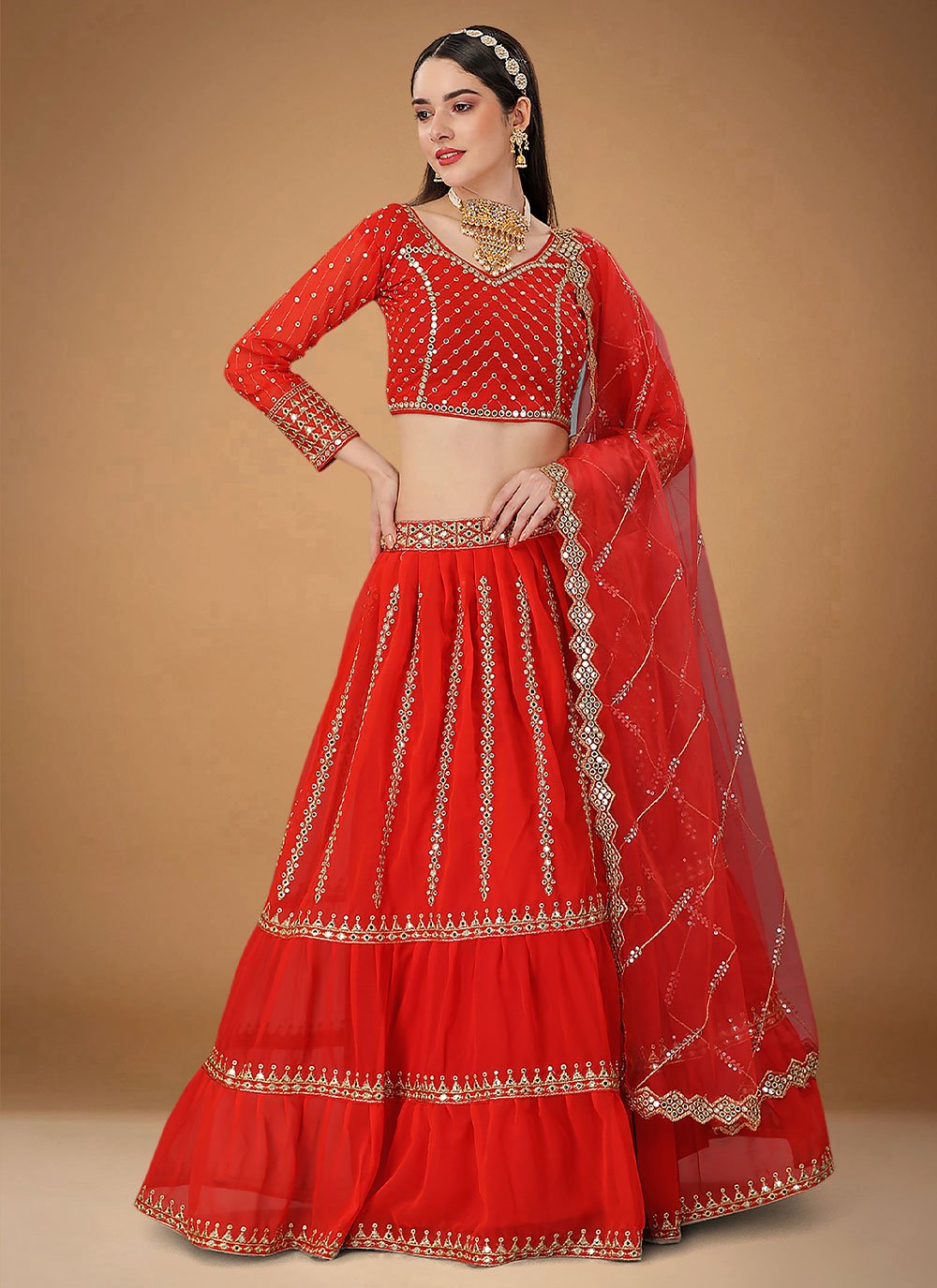 A Line Lehenga Faux Georgette Red Embroidered Lehenga Choli