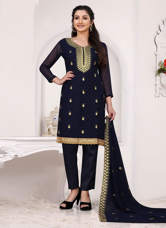 Salwar Suit Faux Georgette Blue Embroidered Salwar Kameez