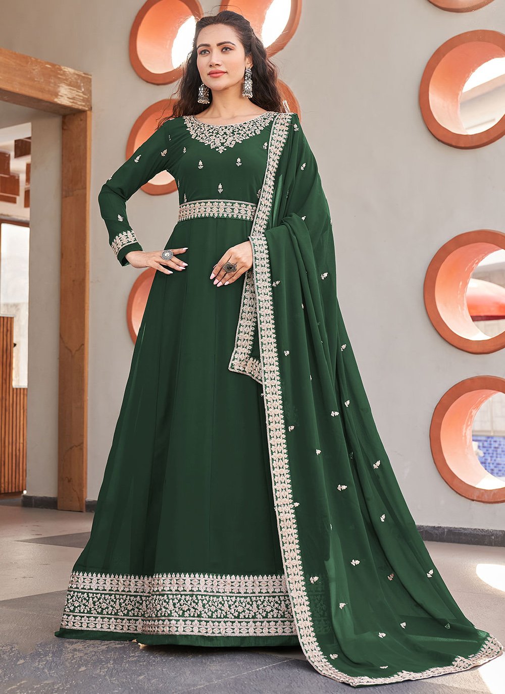 Salwar Suit Faux Georgette Green Dori Work Salwar Kameez