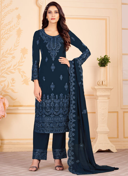 Salwar Suit Faux Georgette Blue Embroidered Salwar Kameez