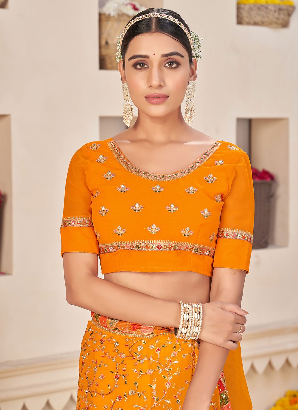 Classic Faux Georgette Orange Embroidered Saree