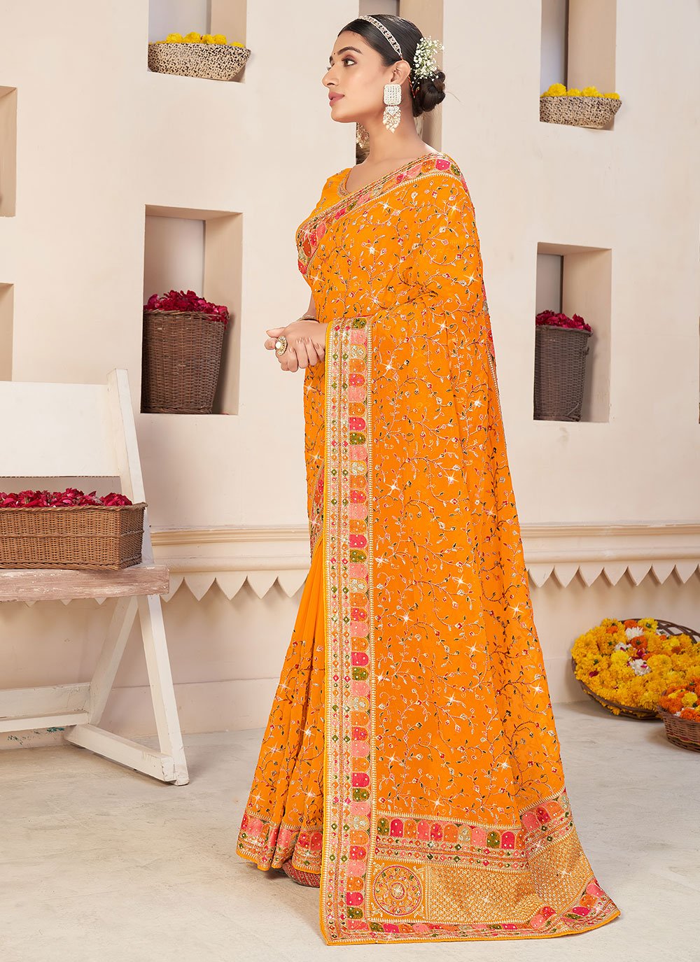 Classic Faux Georgette Orange Embroidered Saree