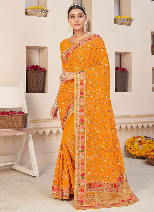 Classic Faux Georgette Orange Embroidered Saree