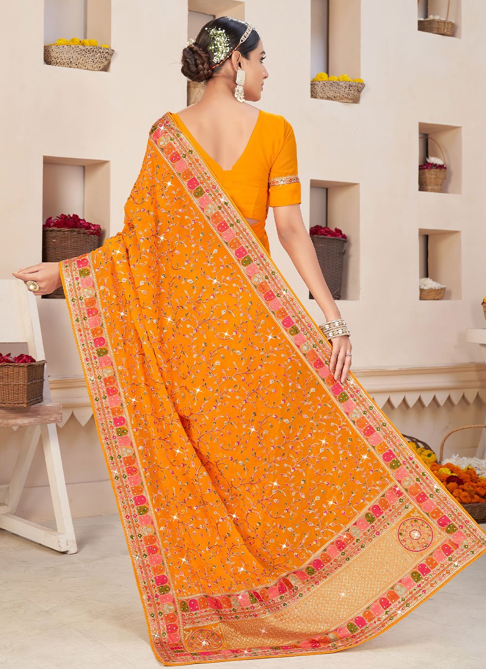 Classic Faux Georgette Orange Embroidered Saree