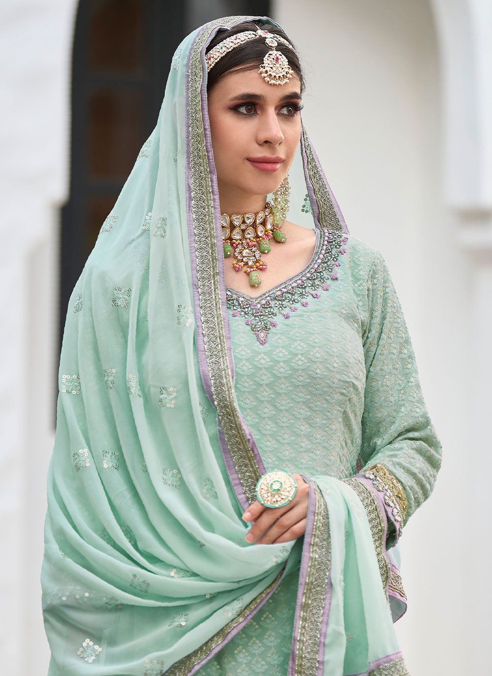 Salwar Suit Faux Georgette Sea Green Embroidered Salwar Kameez