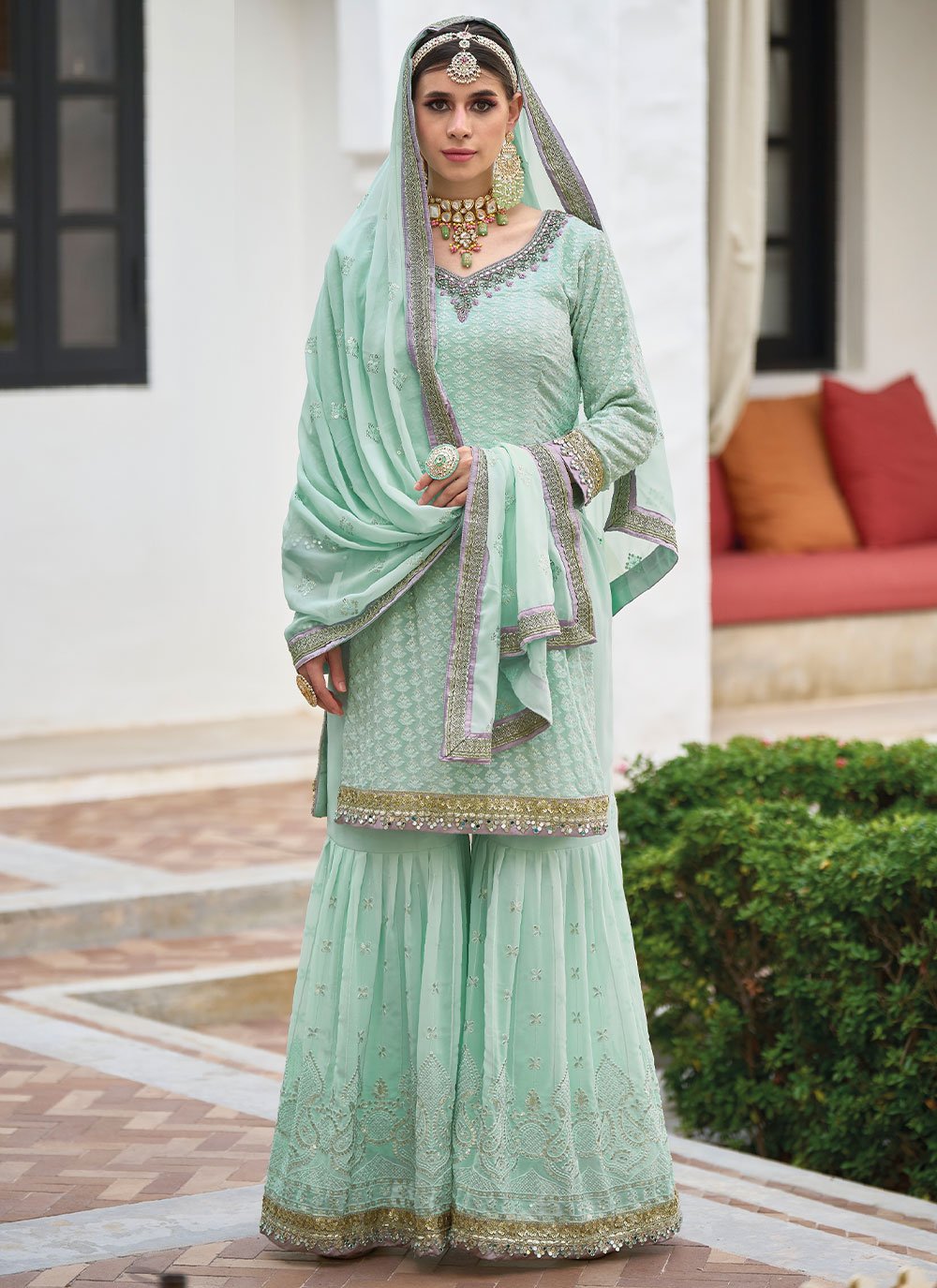 Salwar Suit Faux Georgette Sea Green Embroidered Salwar Kameez