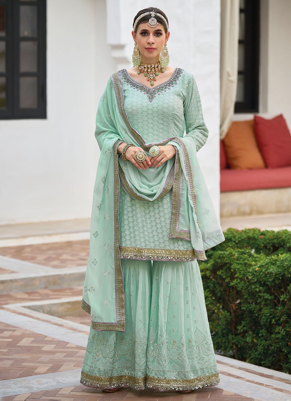 Salwar Suit Faux Georgette Sea Green Embroidered Salwar Kameez