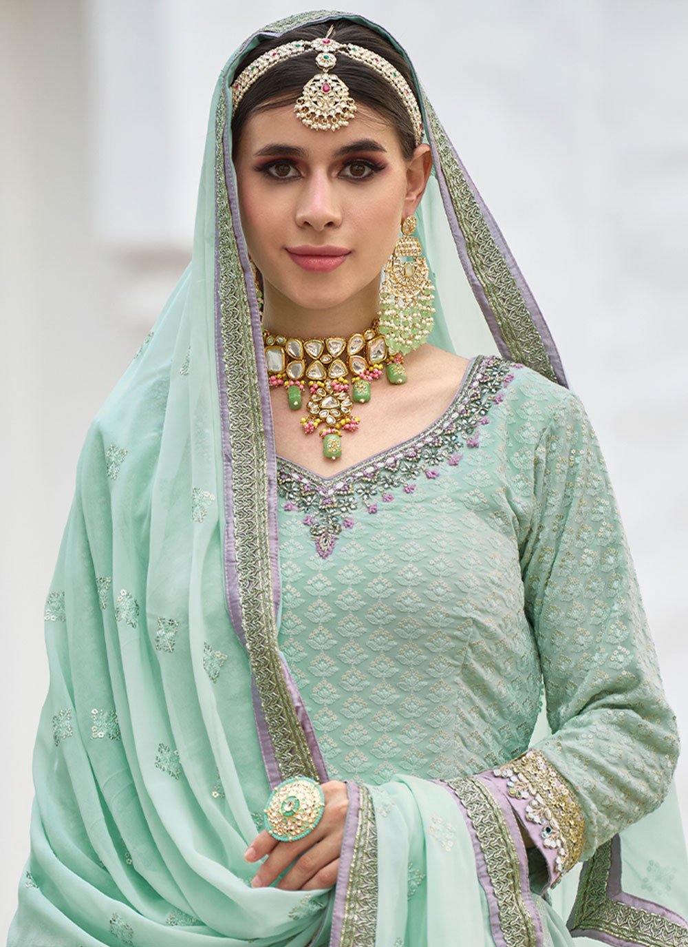 Salwar Suit Faux Georgette Sea Green Embroidered Salwar Kameez