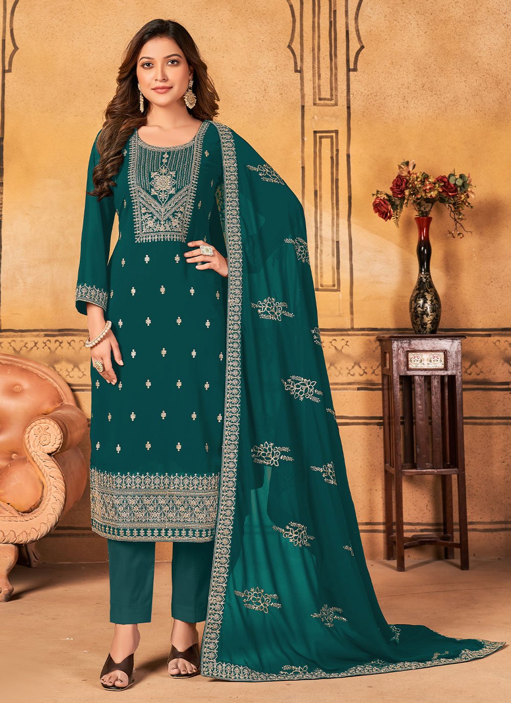 Pant Style Suit Faux Georgette Teal Embroidered Salwar Kameez