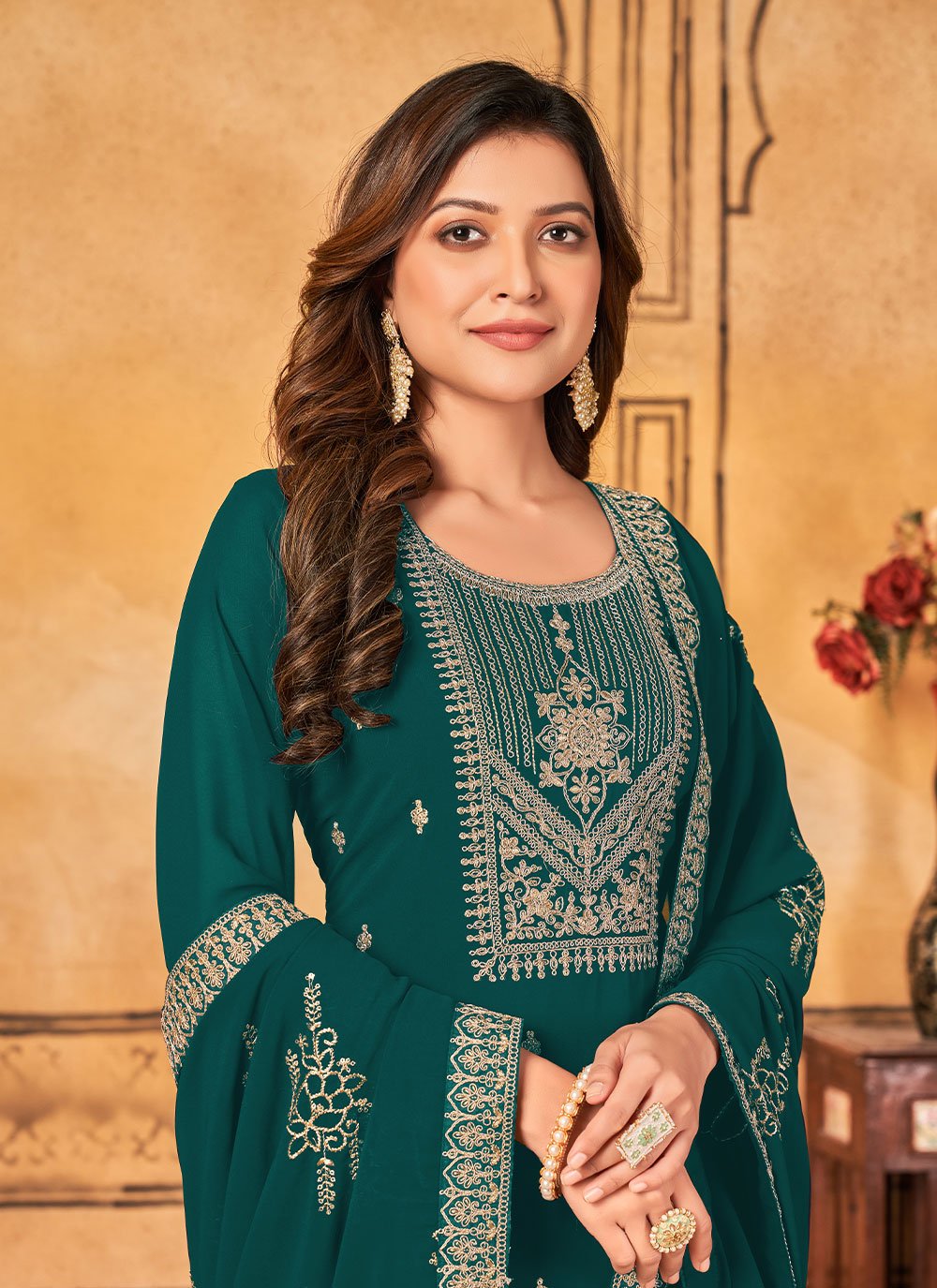 Pant Style Suit Faux Georgette Teal Embroidered Salwar Kameez
