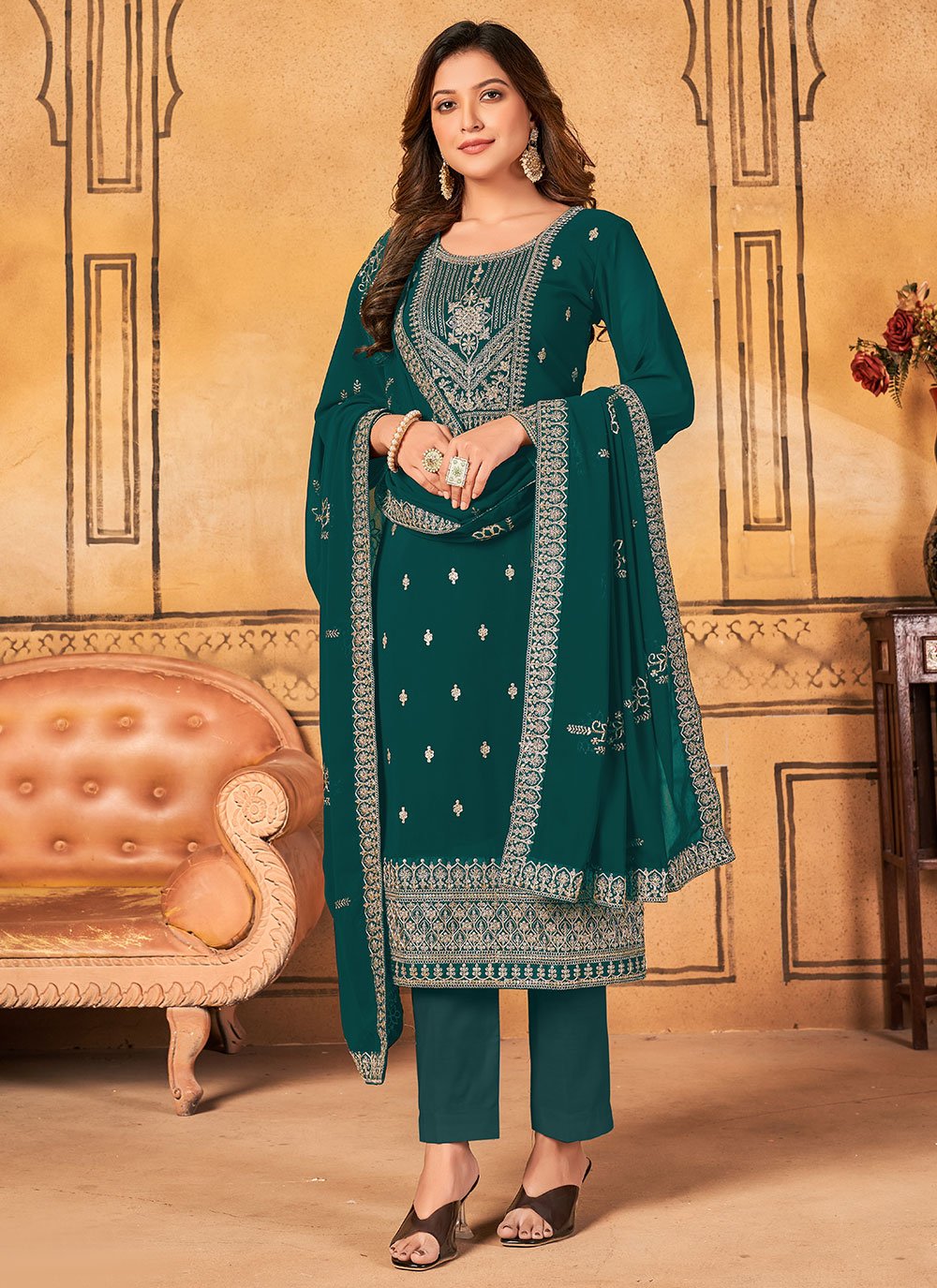 Pant Style Suit Faux Georgette Teal Embroidered Salwar Kameez