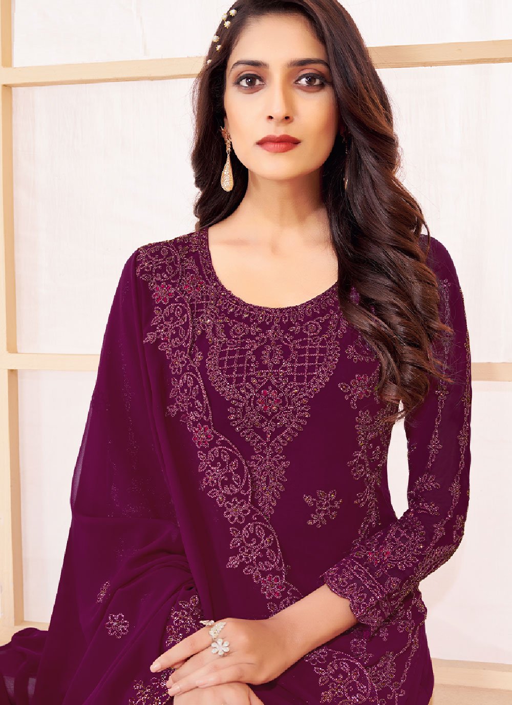 Salwar Suit Faux Georgette Purple Embroidered Salwar Kameez