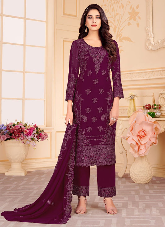 Salwar Suit Faux Georgette Purple Embroidered Salwar Kameez