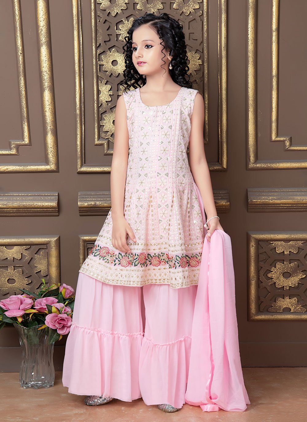 Salwar Suit Faux Georgette Pink Embroidered Kids
