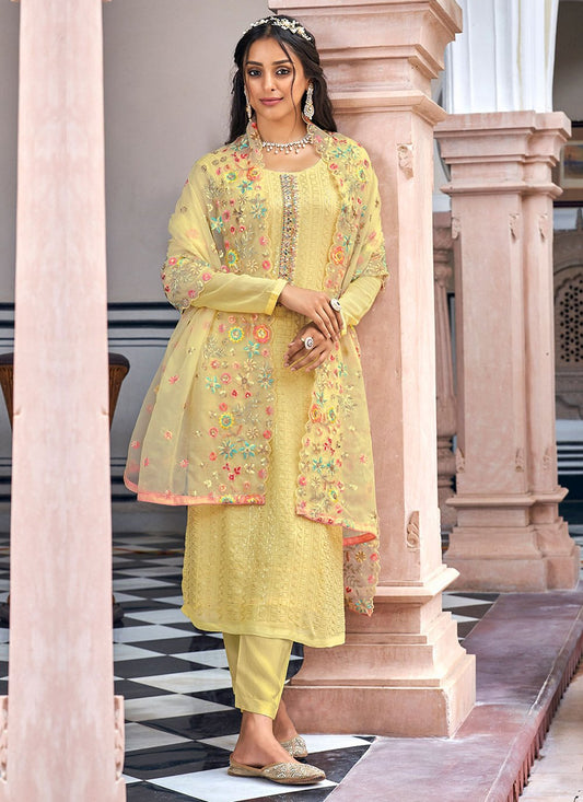 Salwar Suit Faux Georgette Yellow Embroidered Salwar Kameez