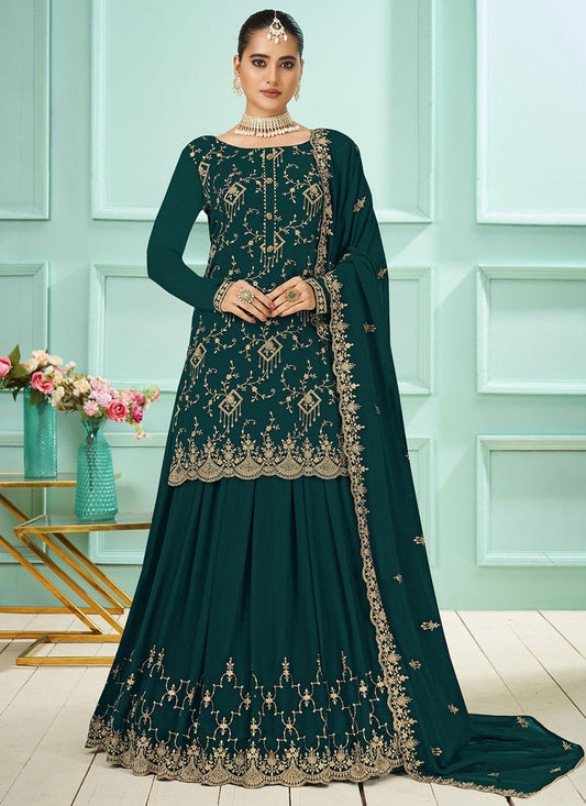 Lehenga Choli Faux Georgette Teal Embroidered Lehenga Choli