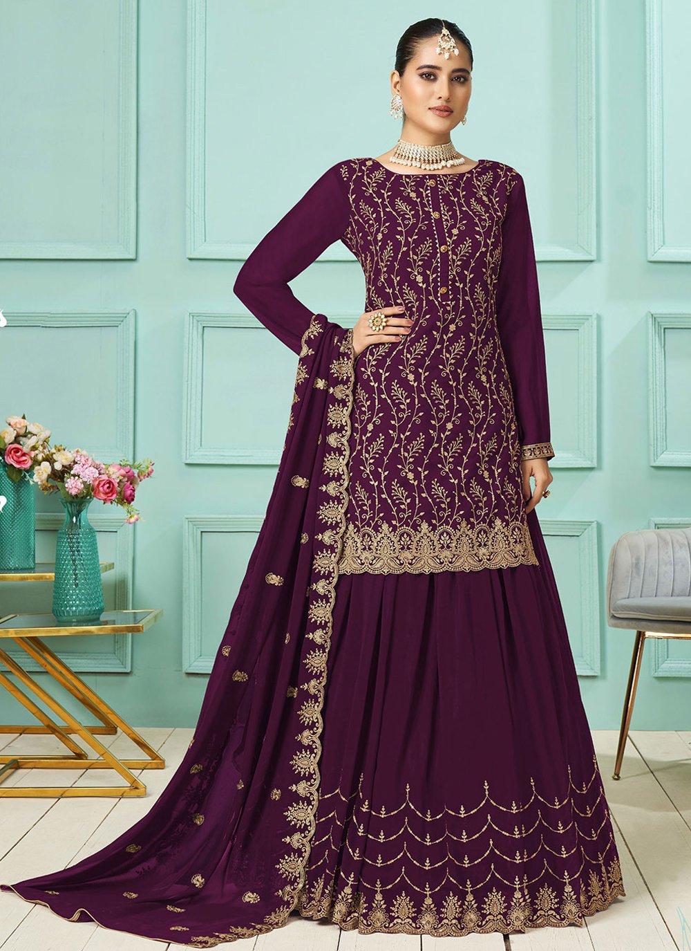 Lehenga Choli Faux Georgette Purple Embroidered Lehenga Choli