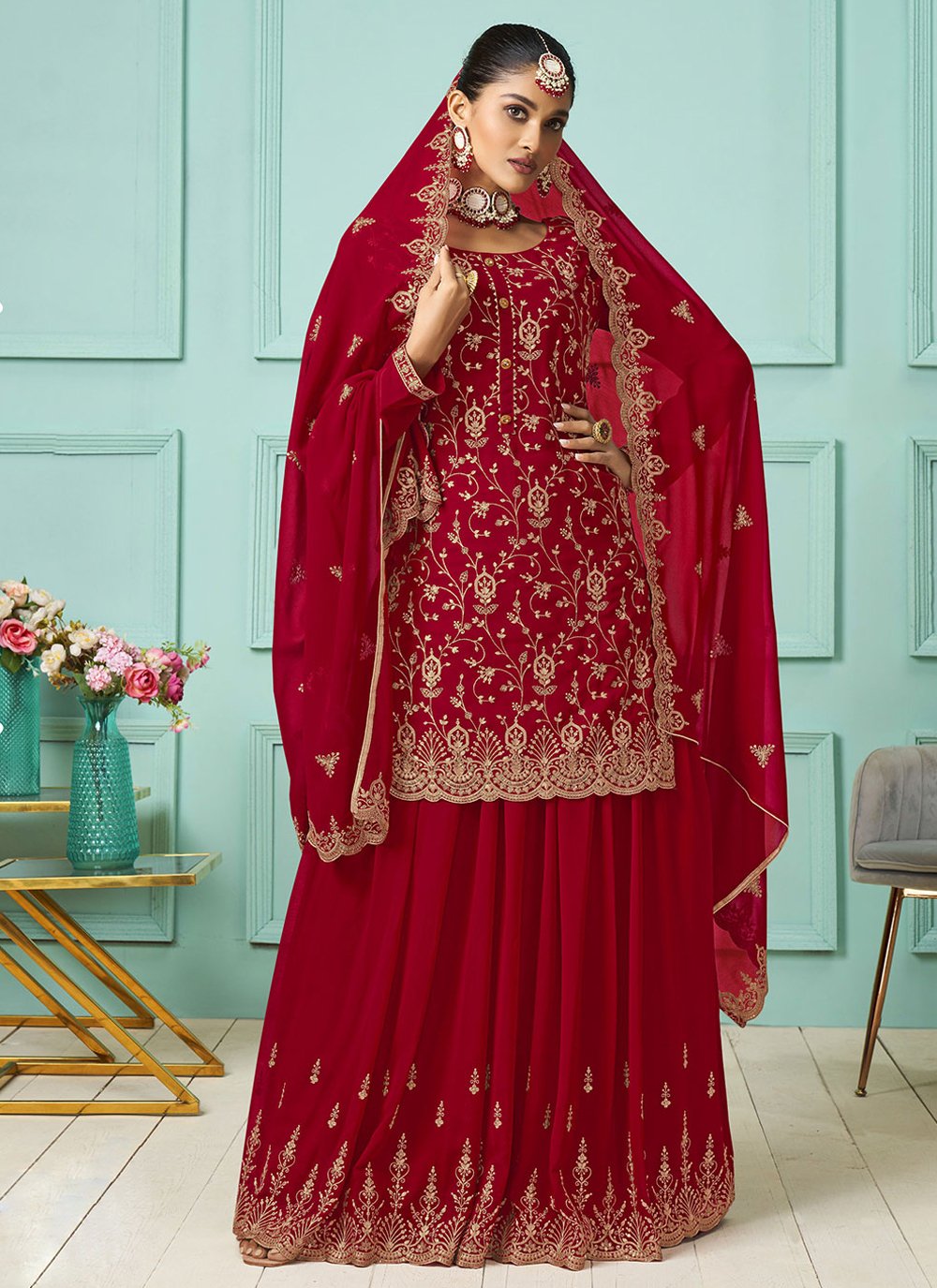 A Line Lehenga Faux Georgette Red Embroidered Lehenga Choli