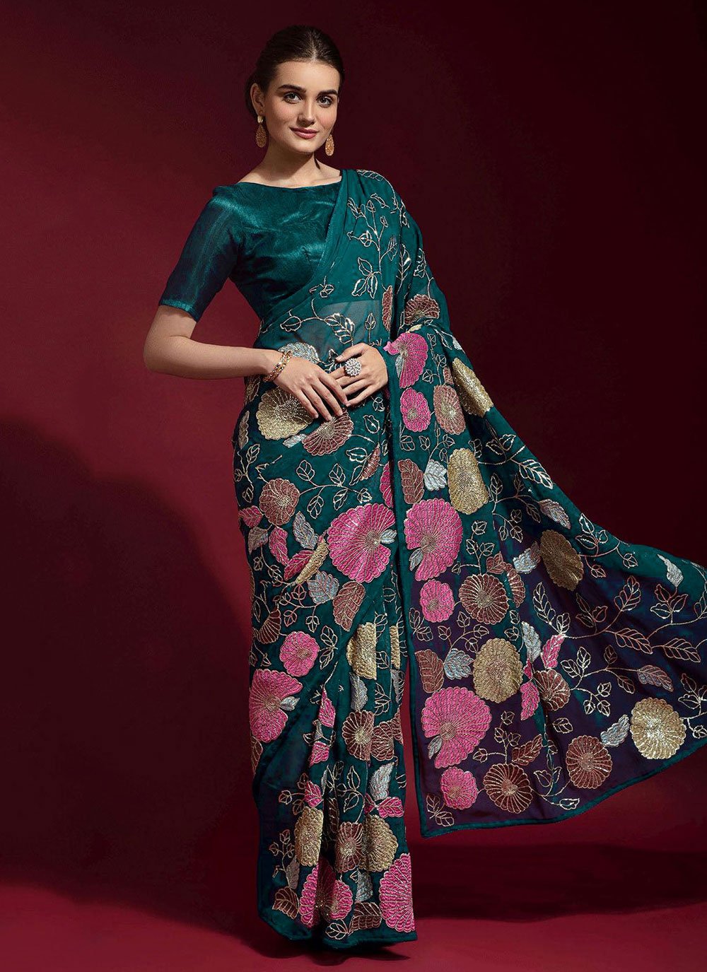 Contemporary Faux Georgette Multi Colour Embroidered Saree