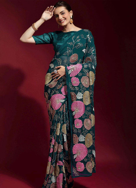Contemporary Faux Georgette Multi Colour Embroidered Saree