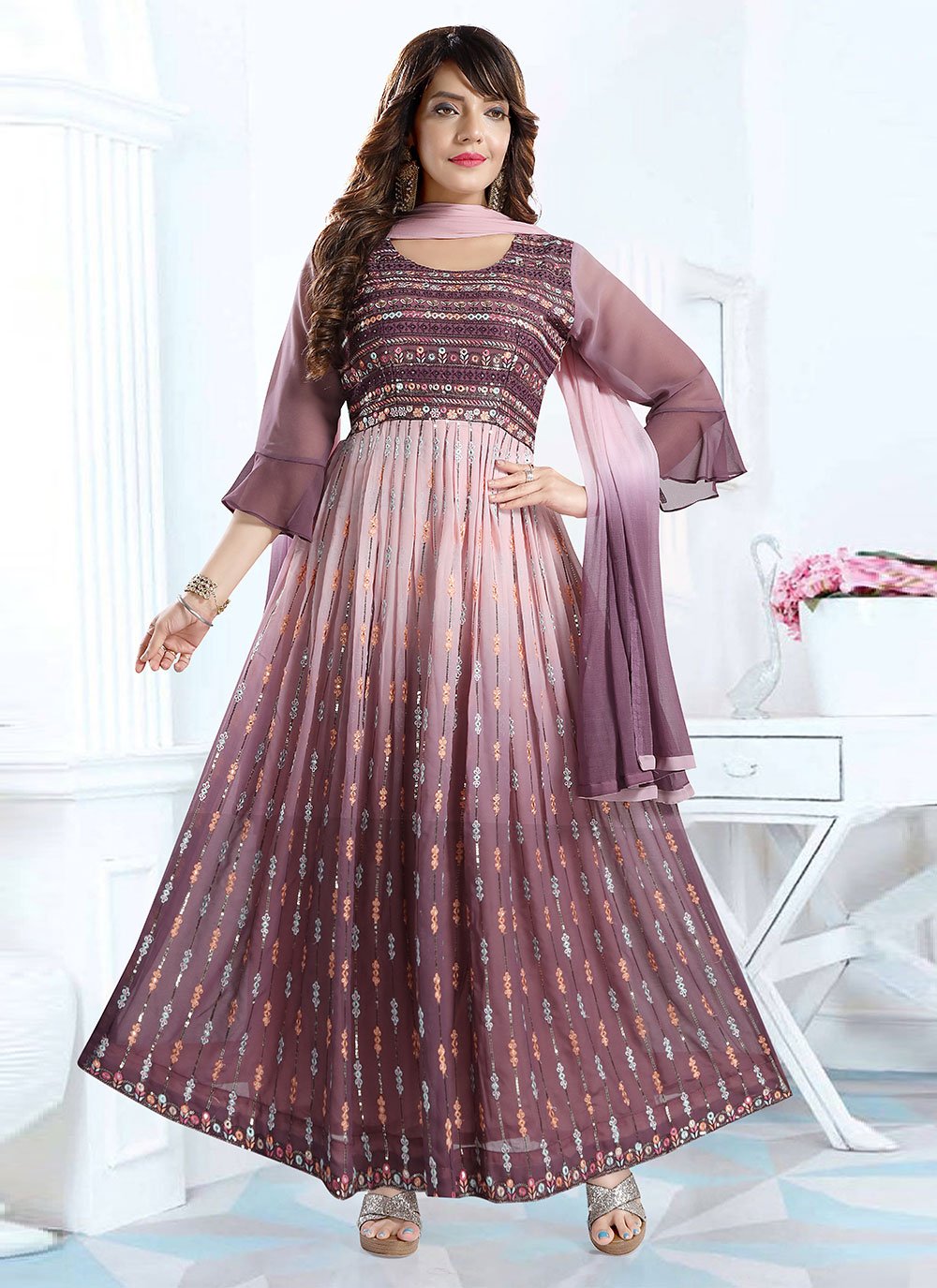 Gown Faux Georgette Mauve Embroidered Gown