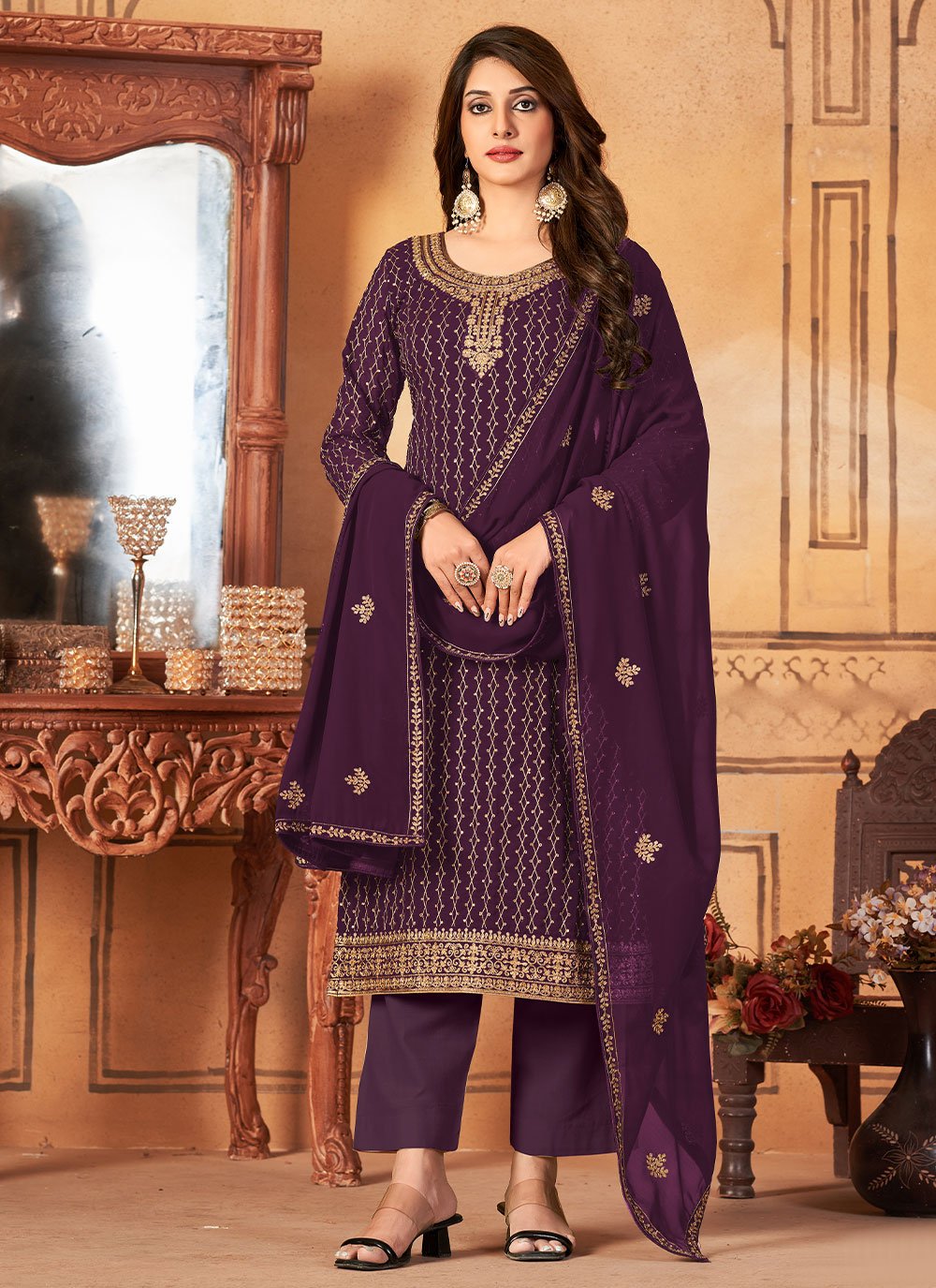 Pakistani Salwar Suit Faux Georgette Purple Embroidered Salwar Kameez