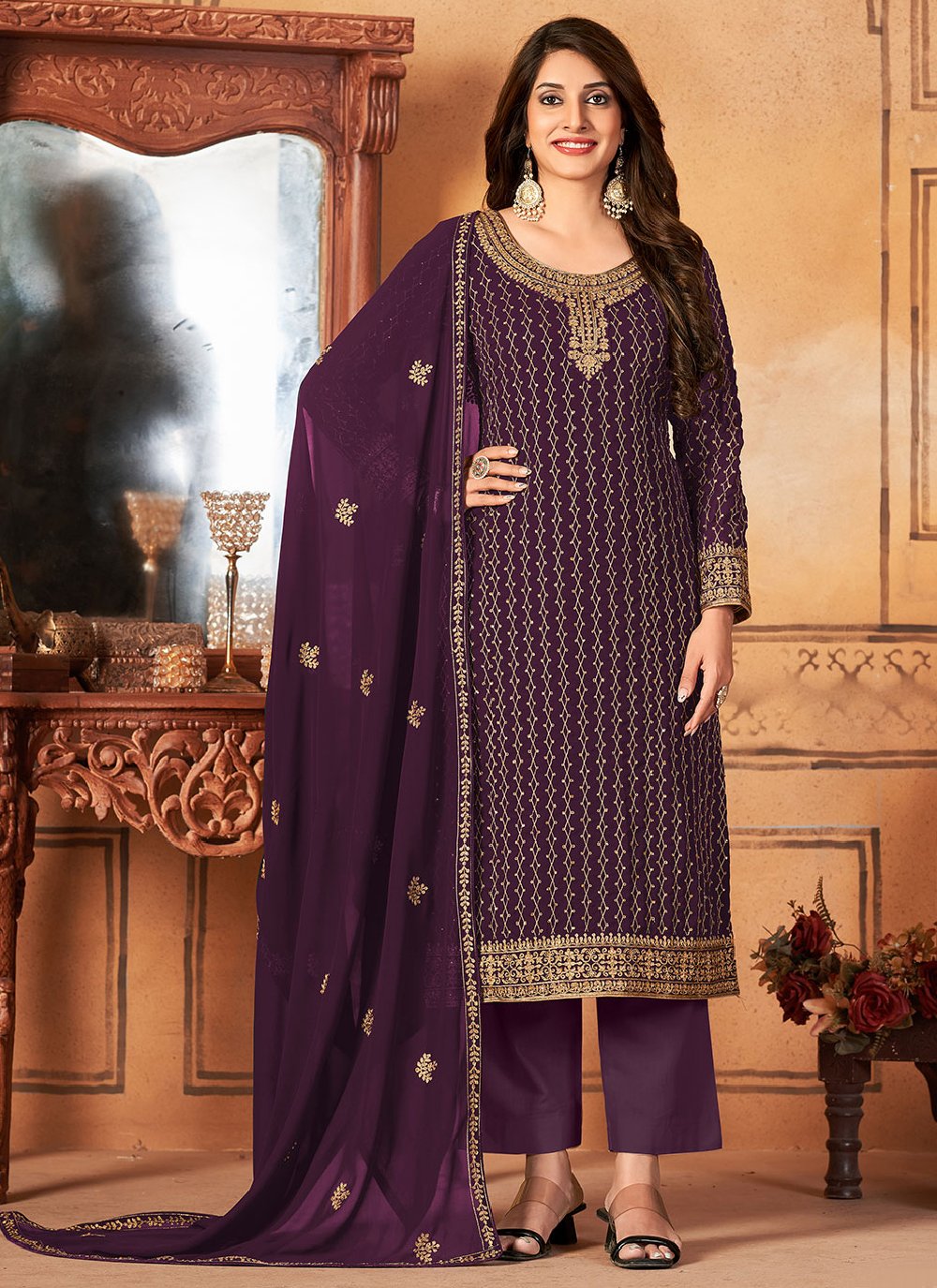 Pakistani Salwar Suit Faux Georgette Purple Embroidered Salwar Kameez