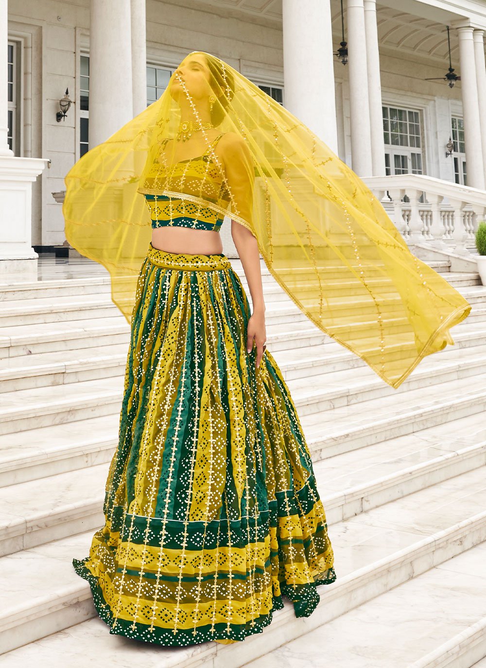 Lehenga Choli Faux Georgette Green Yellow Embroidered Lehenga Choli