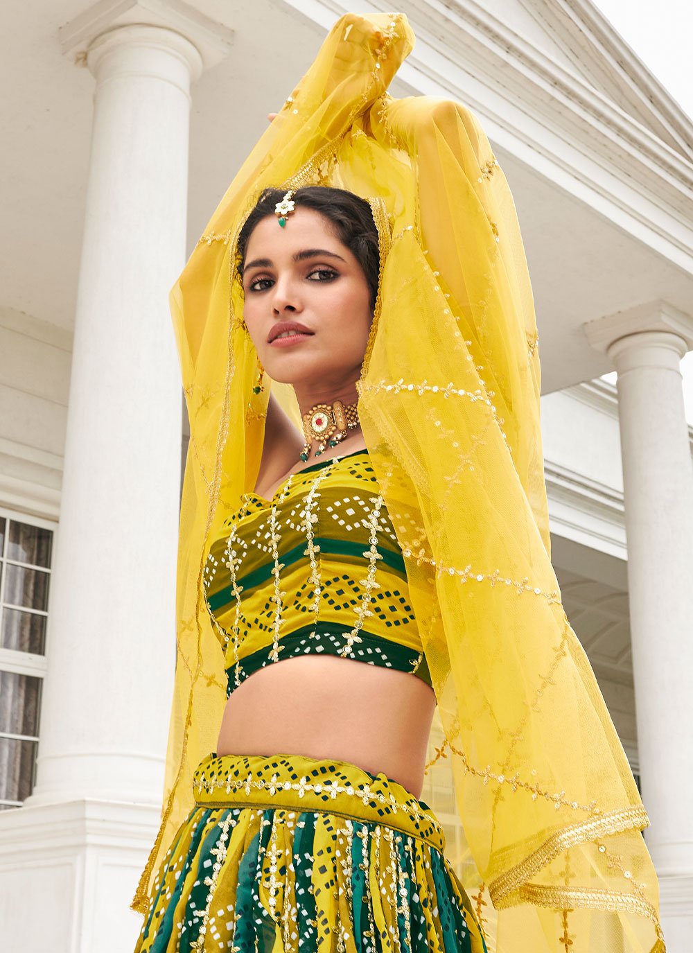 Lehenga Choli Faux Georgette Green Yellow Embroidered Lehenga Choli