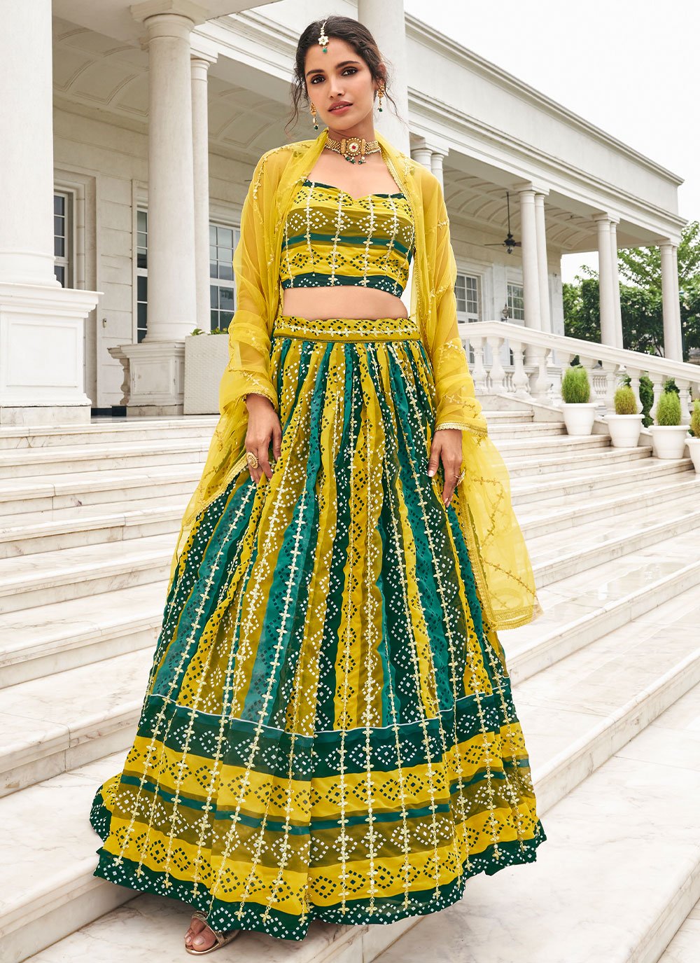 Lehenga Choli Faux Georgette Green Yellow Embroidered Lehenga Choli