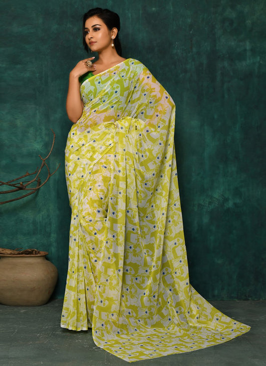 Designer Faux Georgette Green Digital Print Saree